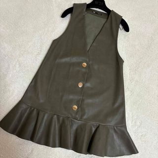 ZARA レザー フリル ベスト 金ボタン M ダークカーキ(その他)