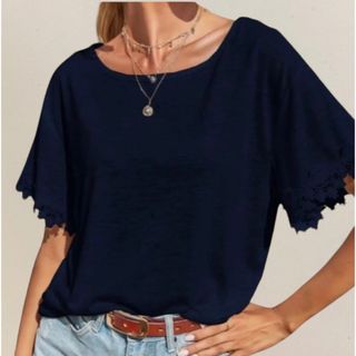 シーイン(SHEIN)の★半袖トップス/ネイビーレース(カットソー(半袖/袖なし))