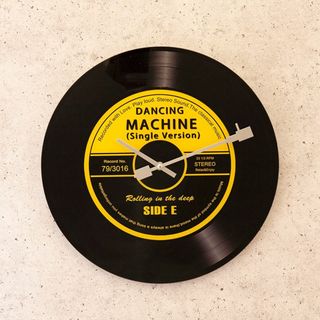 ★新品 掛け時計 ガラス製 ウォールクロック レコードプレーヤー イエロー(掛時計/柱時計)