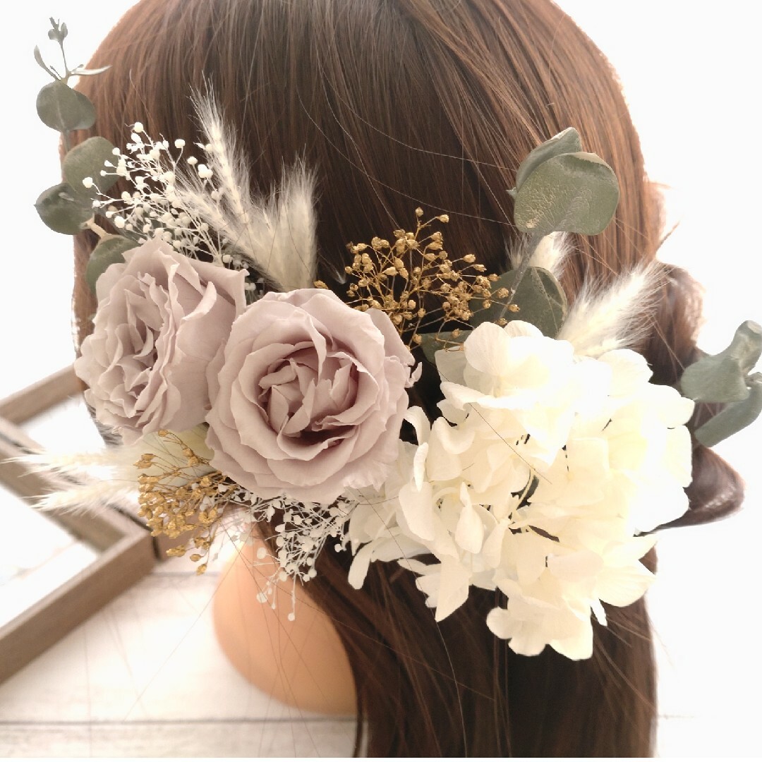 ヘッドドレス 髪飾り＊結婚式 成人式 卒業式~ローズ ユーカリ~グレー 16本 ハンドメイドのウェディング(ヘッドドレス/ドレス)の商品写真