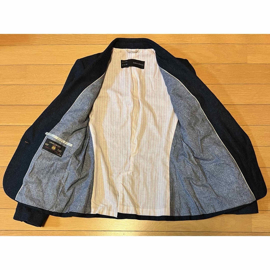 ZARA(ザラ)のZARA / ザラ ウールツイードエルボーパッチジャケット 裏地ストライプ 紺L レディースのジャケット/アウター(テーラードジャケット)の商品写真