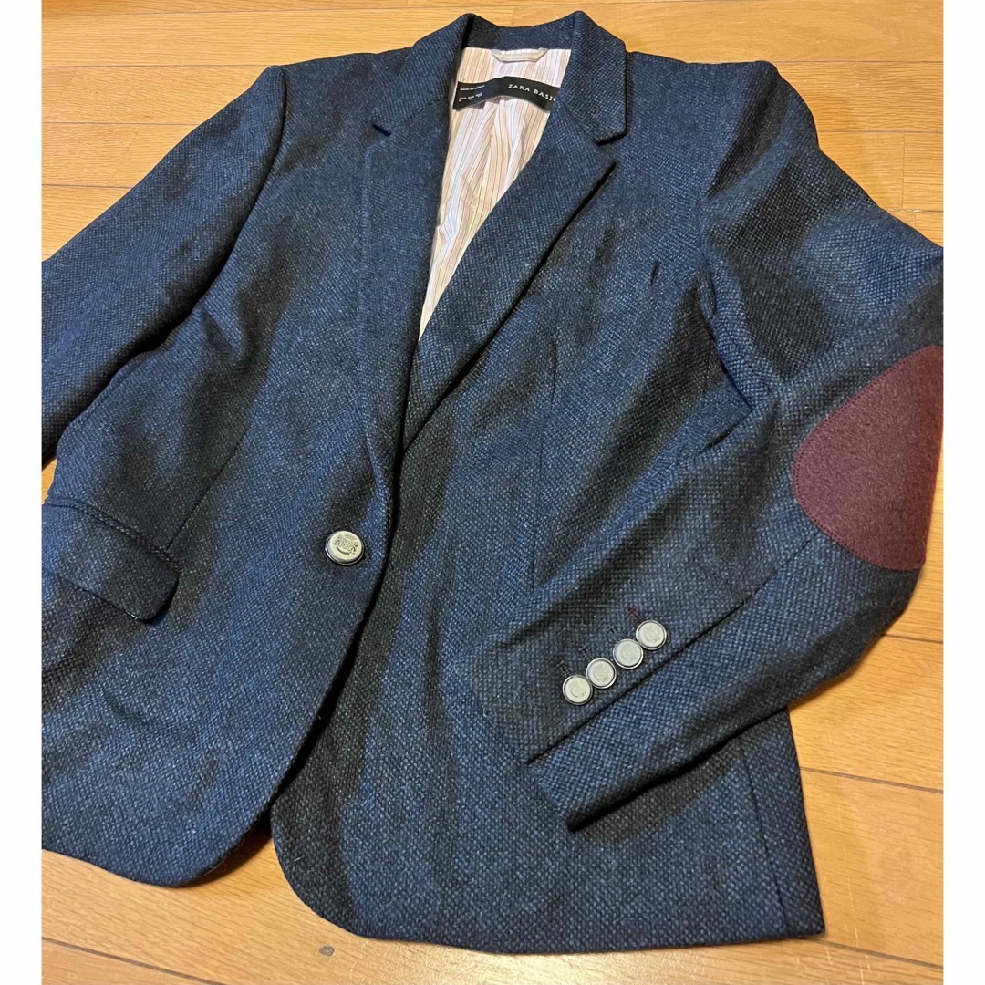 ZARA(ザラ)のZARA / ザラ ウールツイードエルボーパッチジャケット 裏地ストライプ 紺L レディースのジャケット/アウター(テーラードジャケット)の商品写真