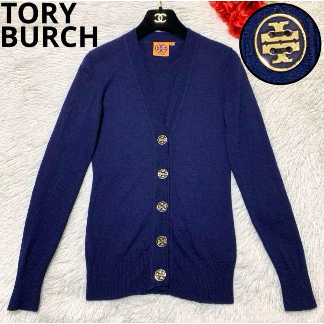 トップス【良品】TORY BURCH カーディガン ロゴボタン カシミヤ100%