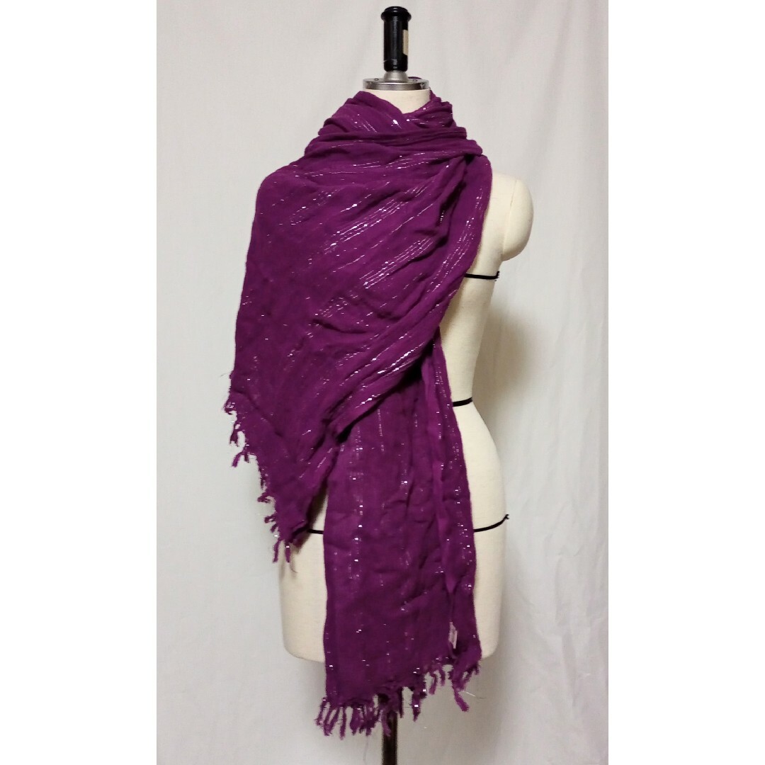 MALAIKA(マライカ)の紫、インド綿のロングストール、銀糸キラキラ、MALAIKA レディースのファッション小物(ストール/パシュミナ)の商品写真