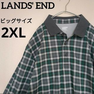 ランズエンド(LANDS’END)の未着用　ランズエンド　ポロシャツ　長袖　チェック　リブ　グリーン　2XL(ポロシャツ)