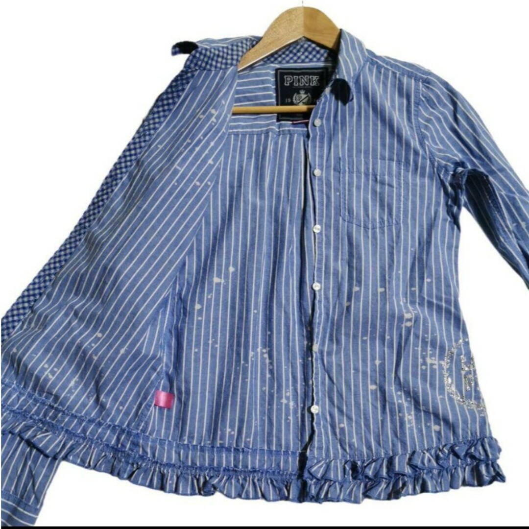 【訳あり】　PINK　ピンク　シャツ　ブラウス　ストライプ　ブルー系　S レディースのトップス(シャツ/ブラウス(長袖/七分))の商品写真