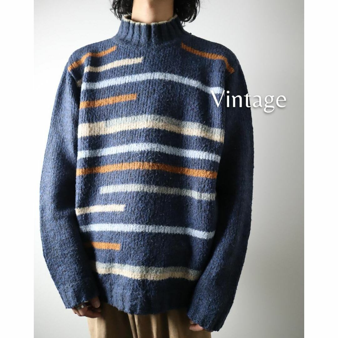 ART VINTAGE(アートヴィンテージ)の【vintage】ユニーク ボーダー ハイネック ウール混 リブ編み ニット メンズのトップス(ニット/セーター)の商品写真