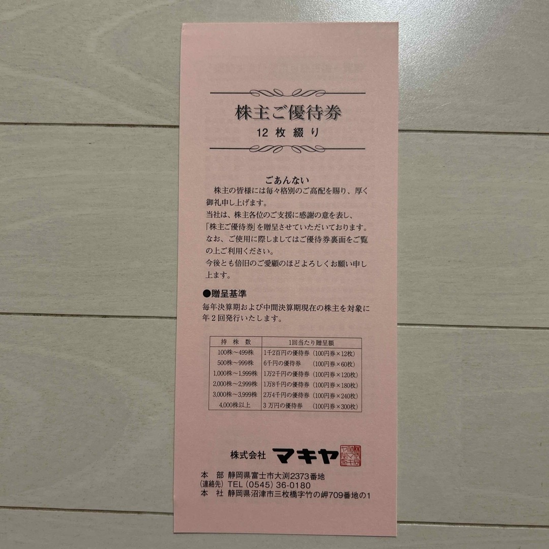 マキヤ株主優待1200円分 チケットの優待券/割引券(ショッピング)の商品写真