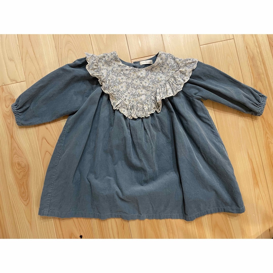 ハンドメイド コーデュロイ ワンピース 花柄 くすみブルー キッズ/ベビー/マタニティのキッズ服女の子用(90cm~)(ワンピース)の商品写真