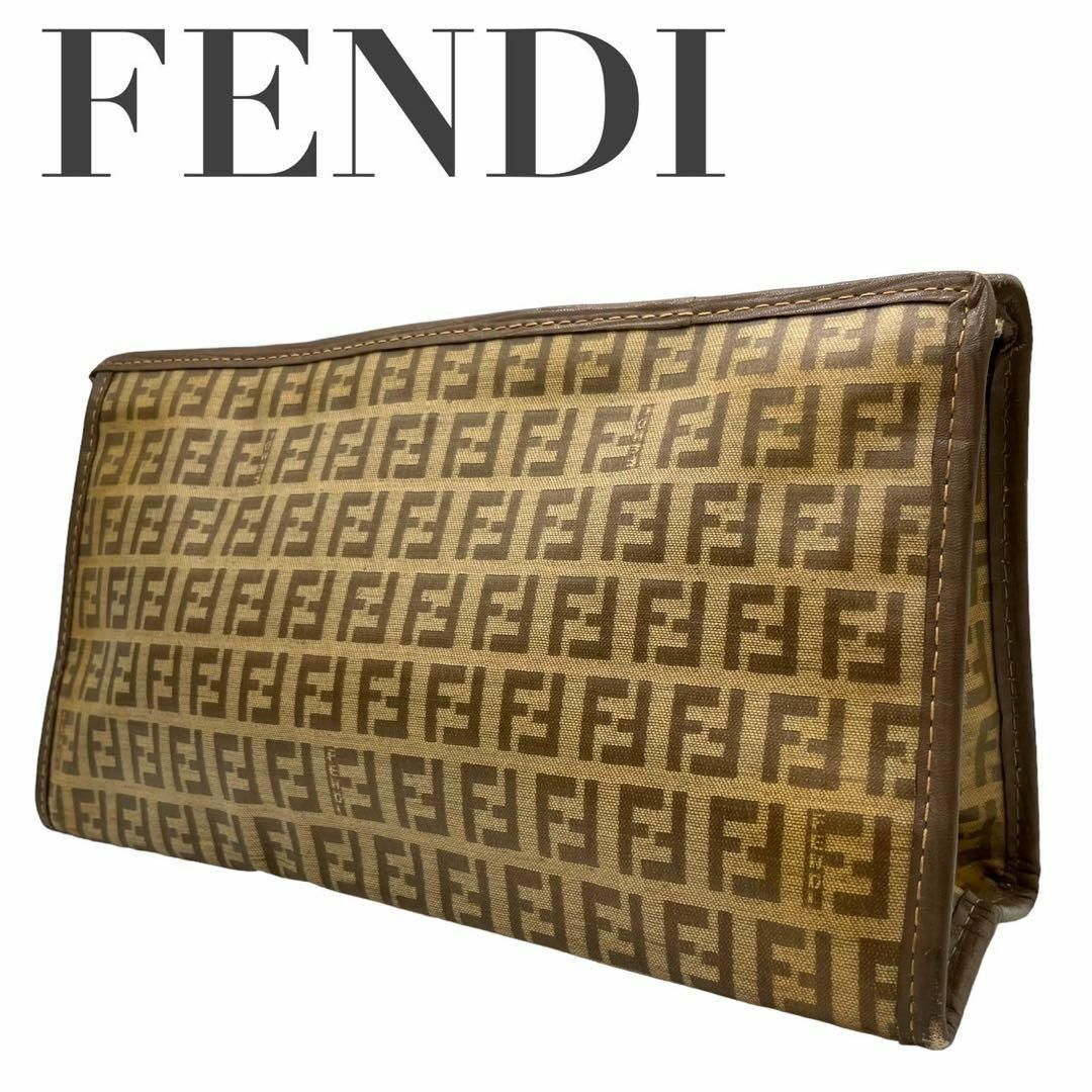 FENDI セカンドバッグ　クラッチバッグ　ズッキーノ柄　ロゴ　金　ゴールド　茶