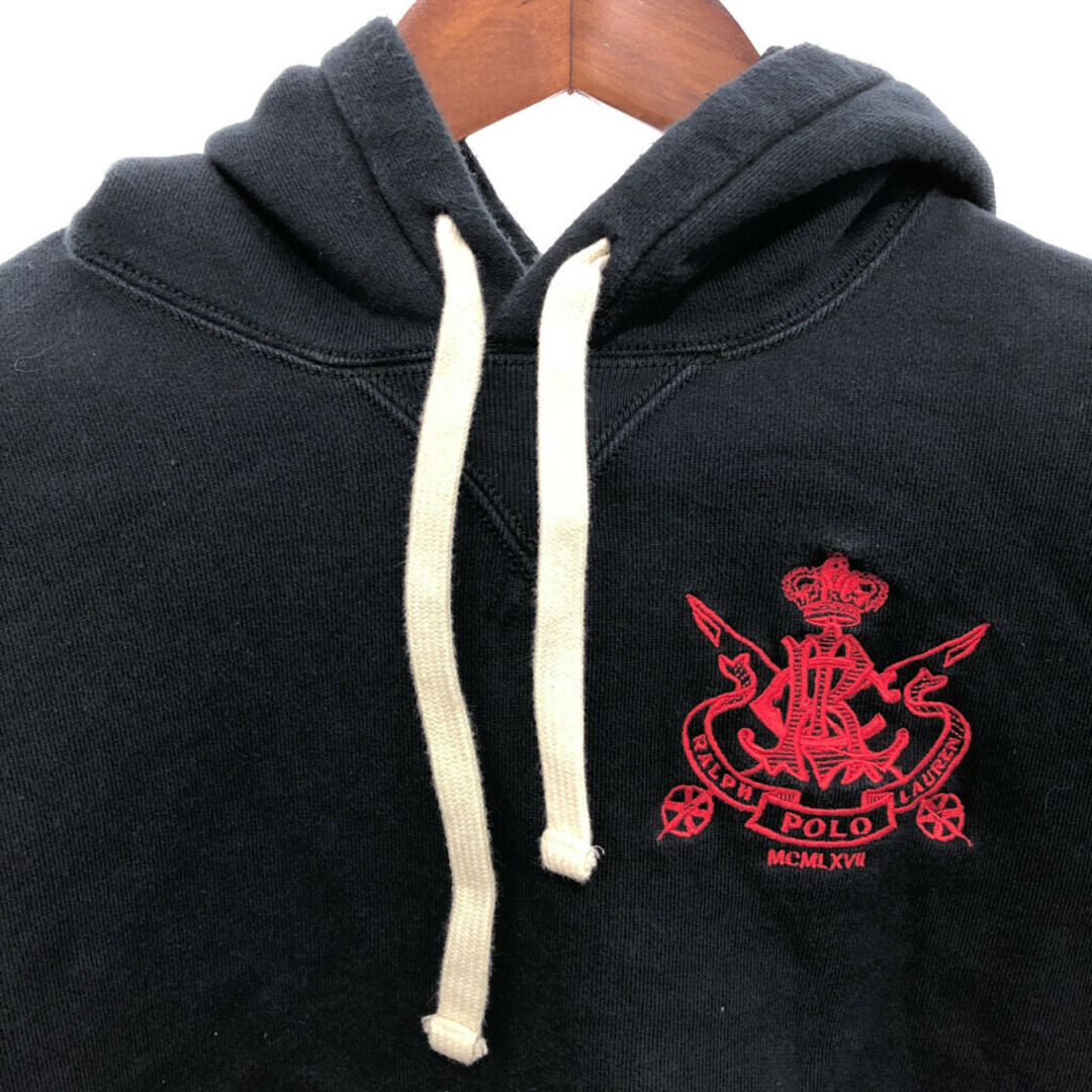 POLO RALPH LAUREN(ポロラルフローレン)の90年代 Polo by Ralph Lauren ラルフローレン エンブレムロゴ スウェット ワンポイント パーカー ブラック (メンズ XL) 中古 古着 P5142 メンズのトップス(パーカー)の商品写真