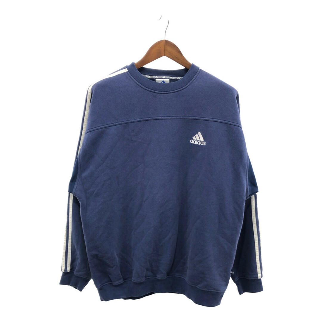 adidas(アディダス)の90年代 adidas アディダス ワンポイントロゴ サイドライン スウェット トレーナー スポーツ ネイビー (メンズ XL) 中古 古着 P5140 メンズのトップス(スウェット)の商品写真