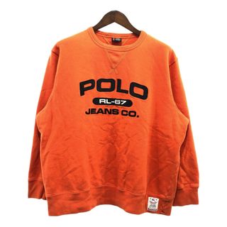 ポロラルフローレン(POLO RALPH LAUREN)のPOLO JEANS ポロジーンズ ビッグロゴ クルーネック スウェット トレーナー 大きいサイズ オレンジ (メンズ X-LARGE) 中古 古着 P5152(スウェット)