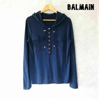 バルマン(BALMAIN)の美品 BALMAIN コットン×カシミヤ フーディ 長袖 Tシャツ カットソー(Tシャツ/カットソー(七分/長袖))