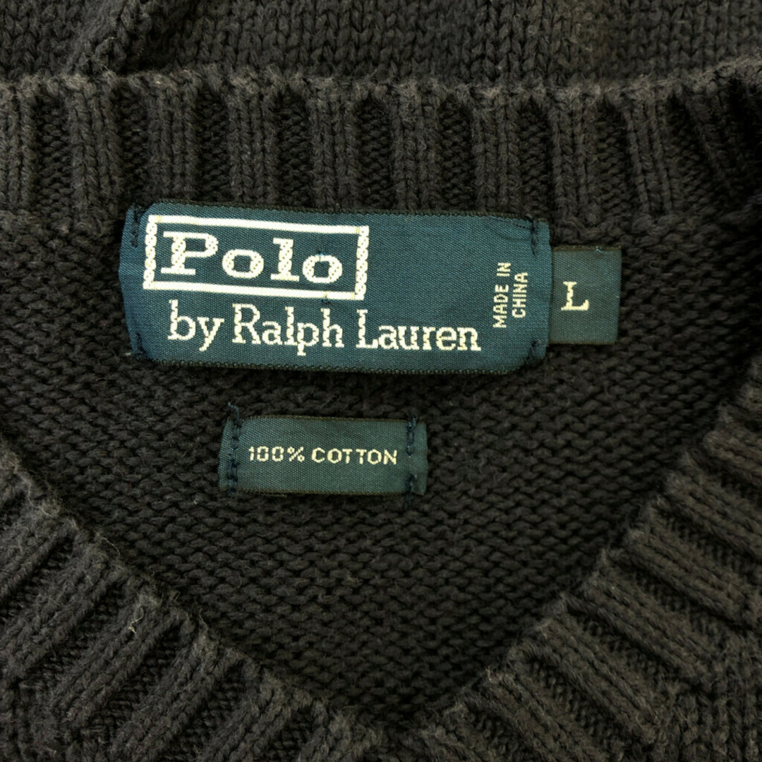 POLO RALPH LAUREN(ポロラルフローレン)の90年代 Polo by Ralph Lauren ポロ ラルフローレン コットン ニット Vネック セーター カジュアル ネイビー (メンズ L) 中古 古着 P5308 メンズのトップス(ニット/セーター)の商品写真