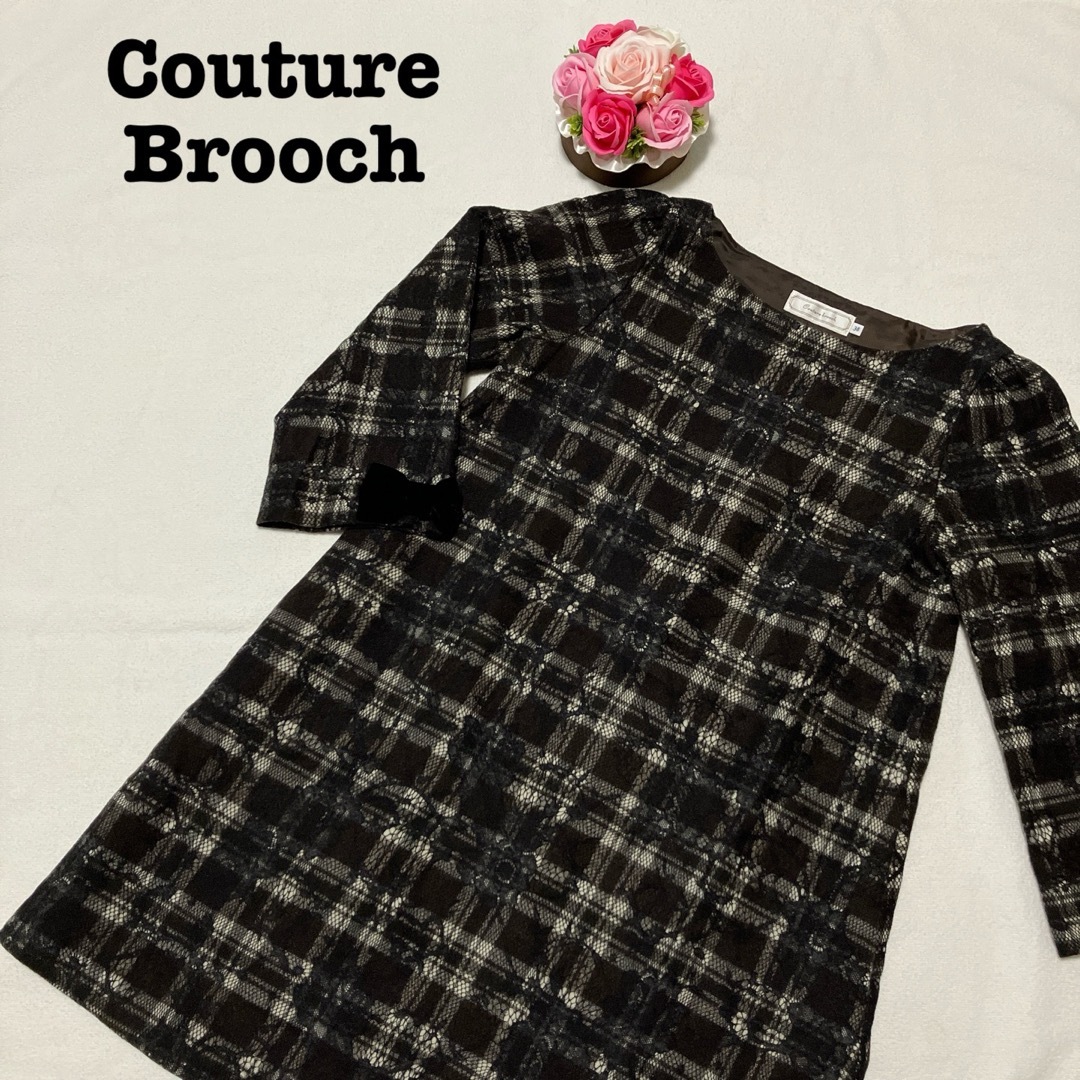 Couture Brooch(クチュールブローチ)のクチュールブローチ　 ワンピース　ブラウン　Mサイズ　花柄リボンひざ丈レディース レディースのワンピース(ひざ丈ワンピース)の商品写真