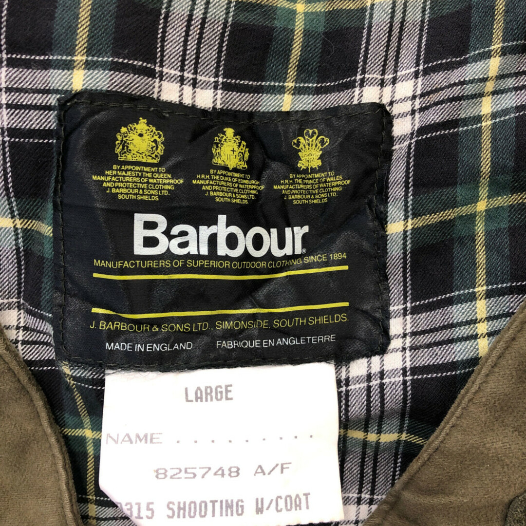 Barbour(バーブァー)の80年代 イングランド製 Barbour バブアー モールスキン シューティング ベスト ユーロ 3ワラント オリーブ (メンズ LARGE) 中古 古着 P5489 メンズのトップス(ベスト)の商品写真