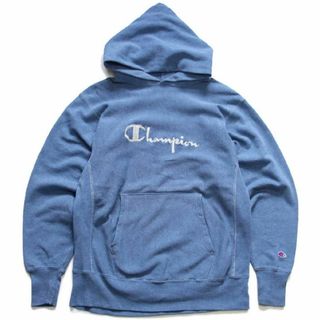 チャンピオン(Champion)の90s USA製 Championチャンピオン スクリプト ビッグロゴ刺繍 リバースウィーブ スウェットパーカー 後染め 杢ブルー L★ビンテージ(パーカー)