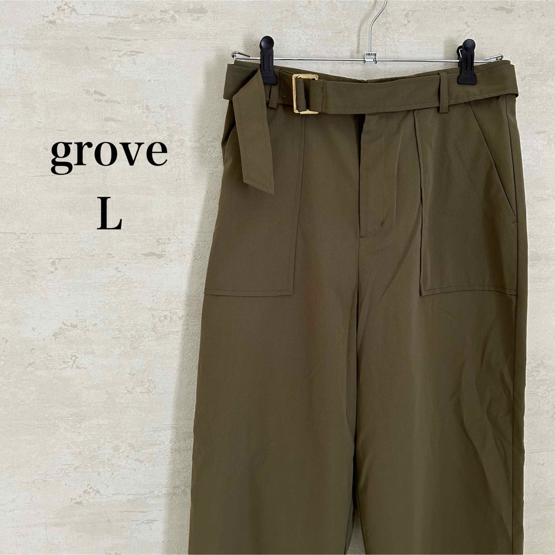 grove(グローブ)のgroveグローブ✨マッチングベルト付きハイライズパンツカーキL【美品】 レディースのパンツ(カジュアルパンツ)の商品写真