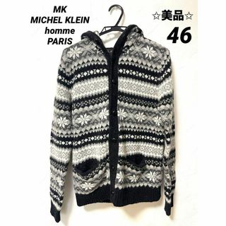 エムケーミッシェルクランオム(MK MICHEL KLEIN homme)のノルディック柄 メンズ ニット カーディガン 厚手 46 M フード付 ブラック(カーディガン)