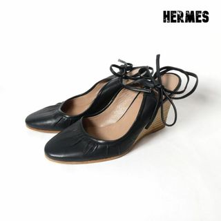 エルメス(Hermes)の美品 HERMES レザー アンクルストラップ ウェッジソール パンプス(ハイヒール/パンプス)