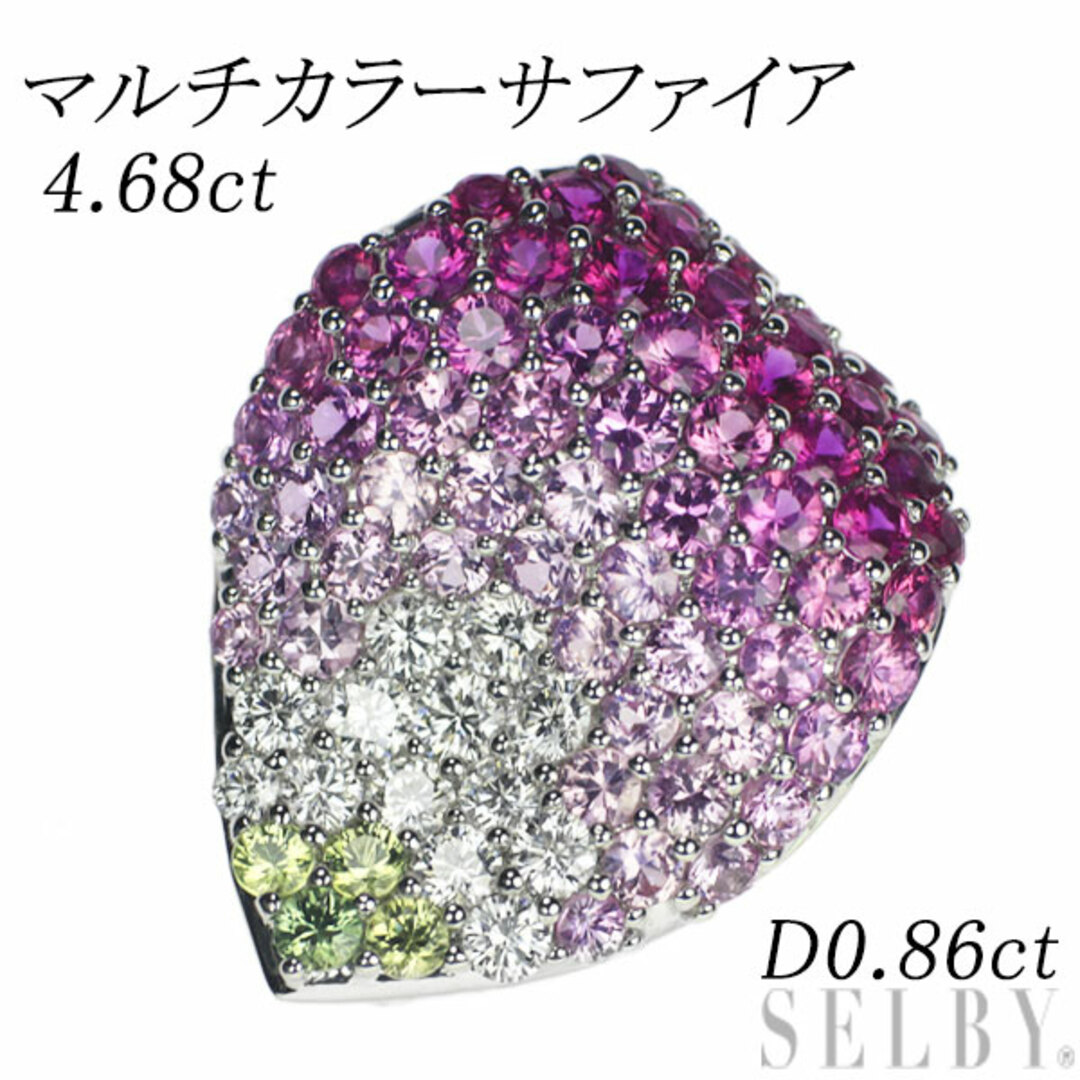 アクセサリーK18WG マルチカラーサファイア ダイヤモンド ブローチ兼ペンダントトップ 4.68ct D0.86ct 花びら