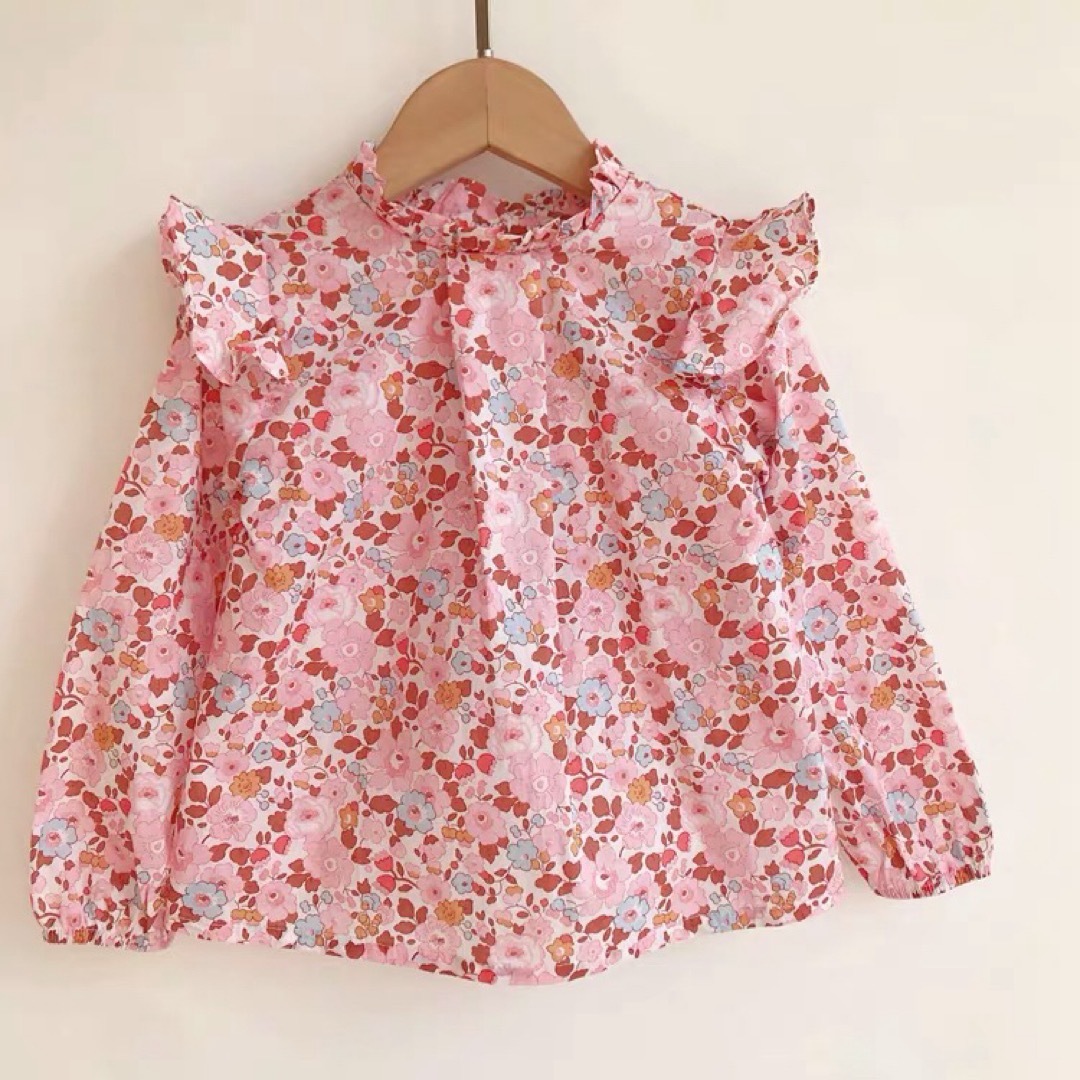 新品　ピンク　小花柄　襟フリル　ブラウス キッズ/ベビー/マタニティのキッズ服女の子用(90cm~)(ブラウス)の商品写真