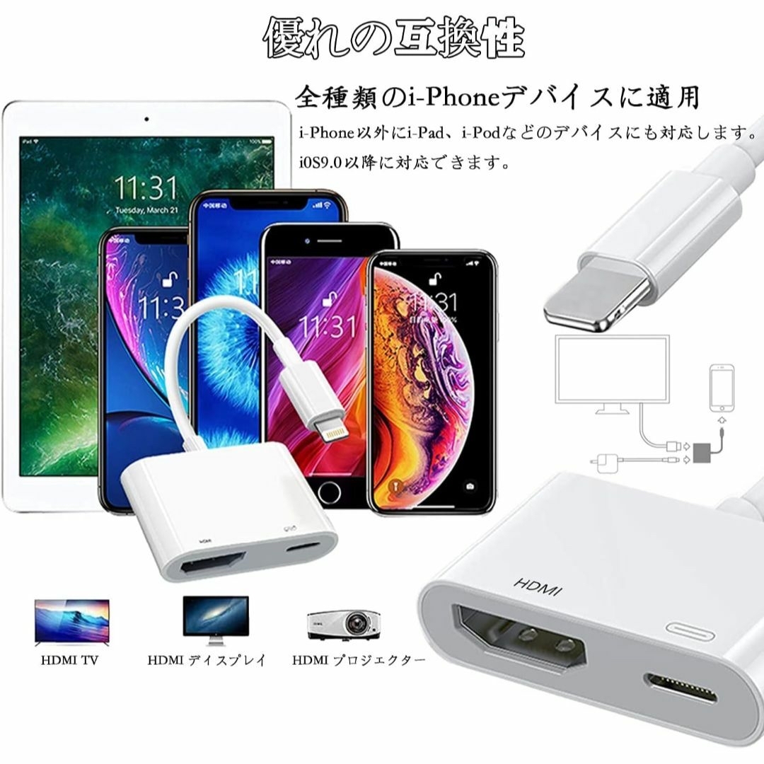 i-Phone hdmi 変換ケーブル 設定不要 操作簡単 4K/1080P  スマホ/家電/カメラのテレビ/映像機器(映像用ケーブル)の商品写真