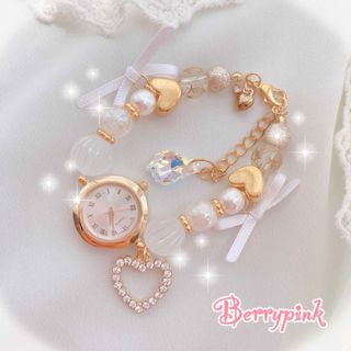 【SALE】ハートビジューのブレスレットウォッチ♡腕時計♡ホワイト(ブレスレット/バングル)