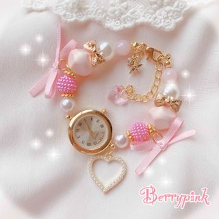 【SALE】ハートパールのブレスレットウォッチ♡腕時計♡ピンク(ブレスレット/バングル)