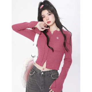 韓国ファッション　ピンク　上着Vネックレーススリムショースリムトップ(カットソー(長袖/七分))