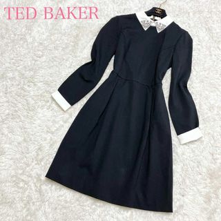 テッドベイカー(TED BAKER)の美品✨️テッドベイカー お嬢様ワンピース 2 M 白襟 ビジュー 膝丈 上品 (ひざ丈ワンピース)