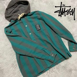 ステューシー(STUSSY)の【ステューシー】コットンネル ストライプ シャツパーカー緑 stussy.(パーカー)