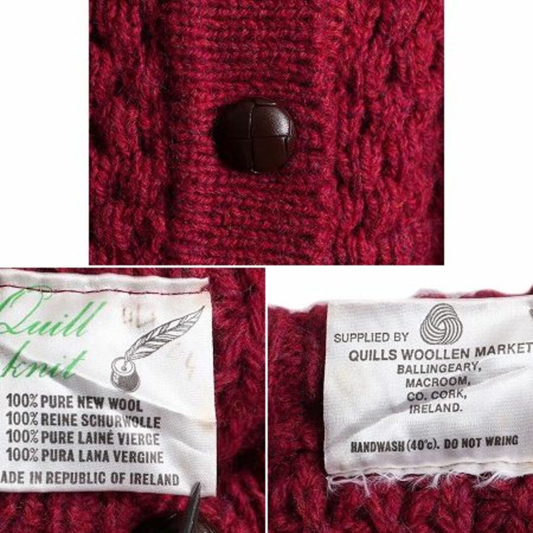 アイルランド製 QUILL Knit フィッシャーマン ウール ケーブル ニット カーディガン レディース L / 古着 アラン セーター レアカラー 丸首 レディースのトップス(ニット/セーター)の商品写真