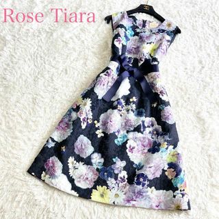 ROSE TIARA  46 コサージュ　花柄　カーディガン　ネイビー　大きめ.