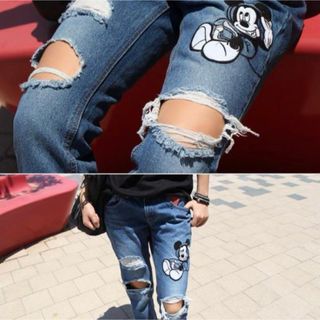 ロリータジーンズ(LOLITAJEANS)の【ロリータジーンズ】 デニム  パンツ　ディズニー　ミッキー　ダメージ加工　M(デニム/ジーンズ)