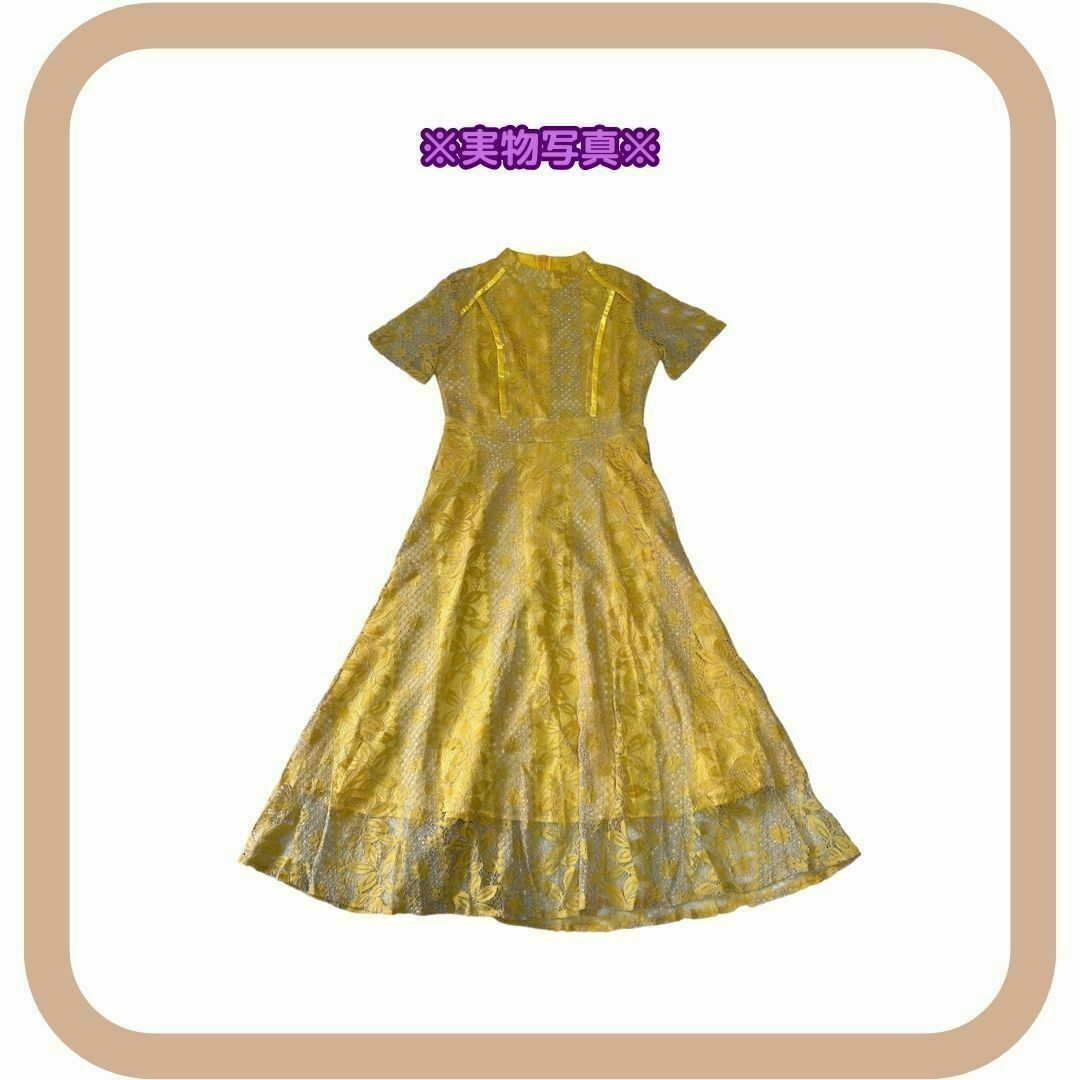 レース ドレス ワンピ 総レース フレア 半袖 結婚式 上品 黄色 M フレア レディースのフォーマル/ドレス(ミディアムドレス)の商品写真