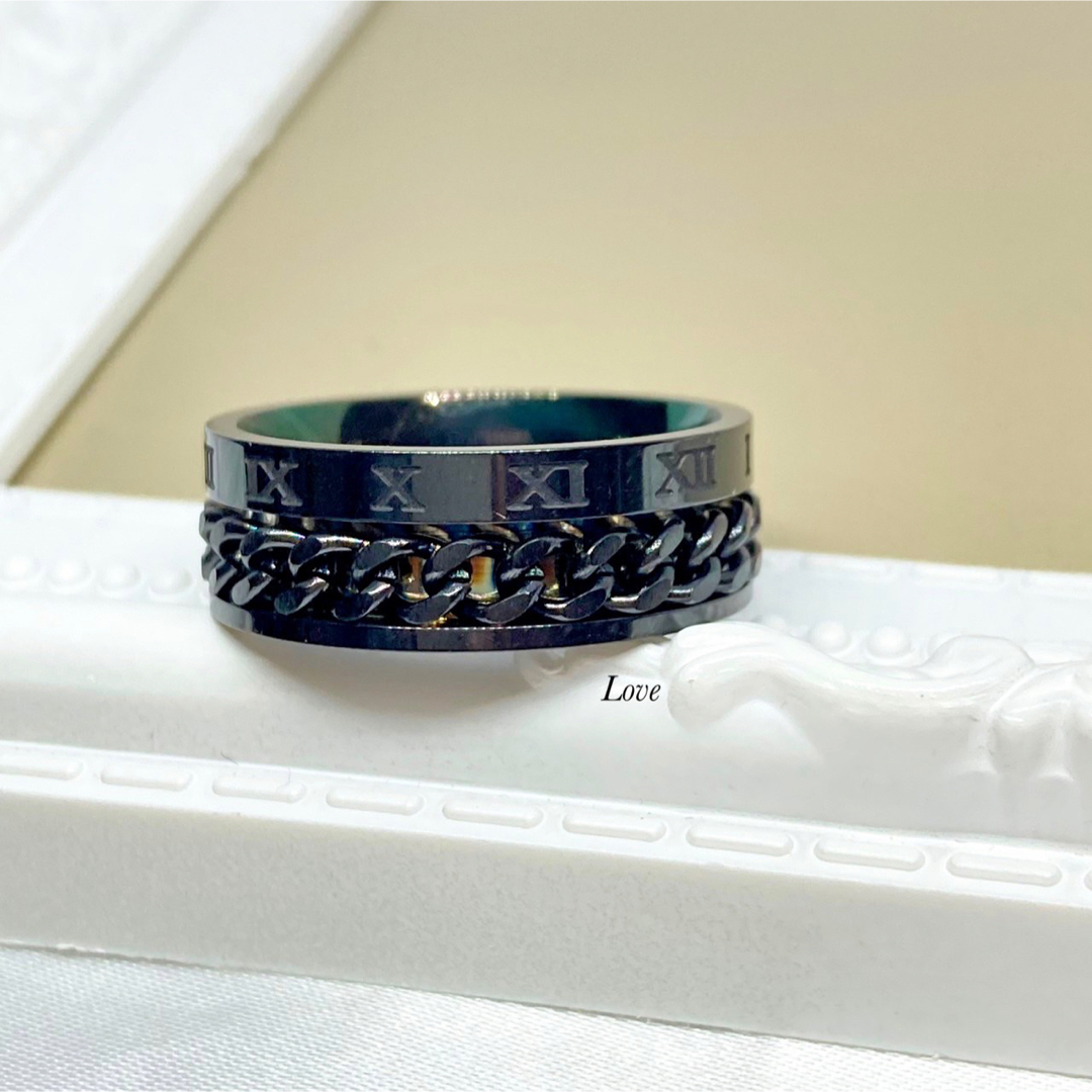 ブラックローマ字喜平リング ステンレスリング  ステンレスチェーン メンズ メンズのアクセサリー(リング(指輪))の商品写真
