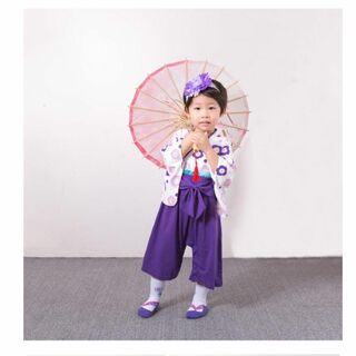 【100cm】紫の花柄がおしゃれで可愛い！お正月の着物風子供服＾＾(和服/着物)