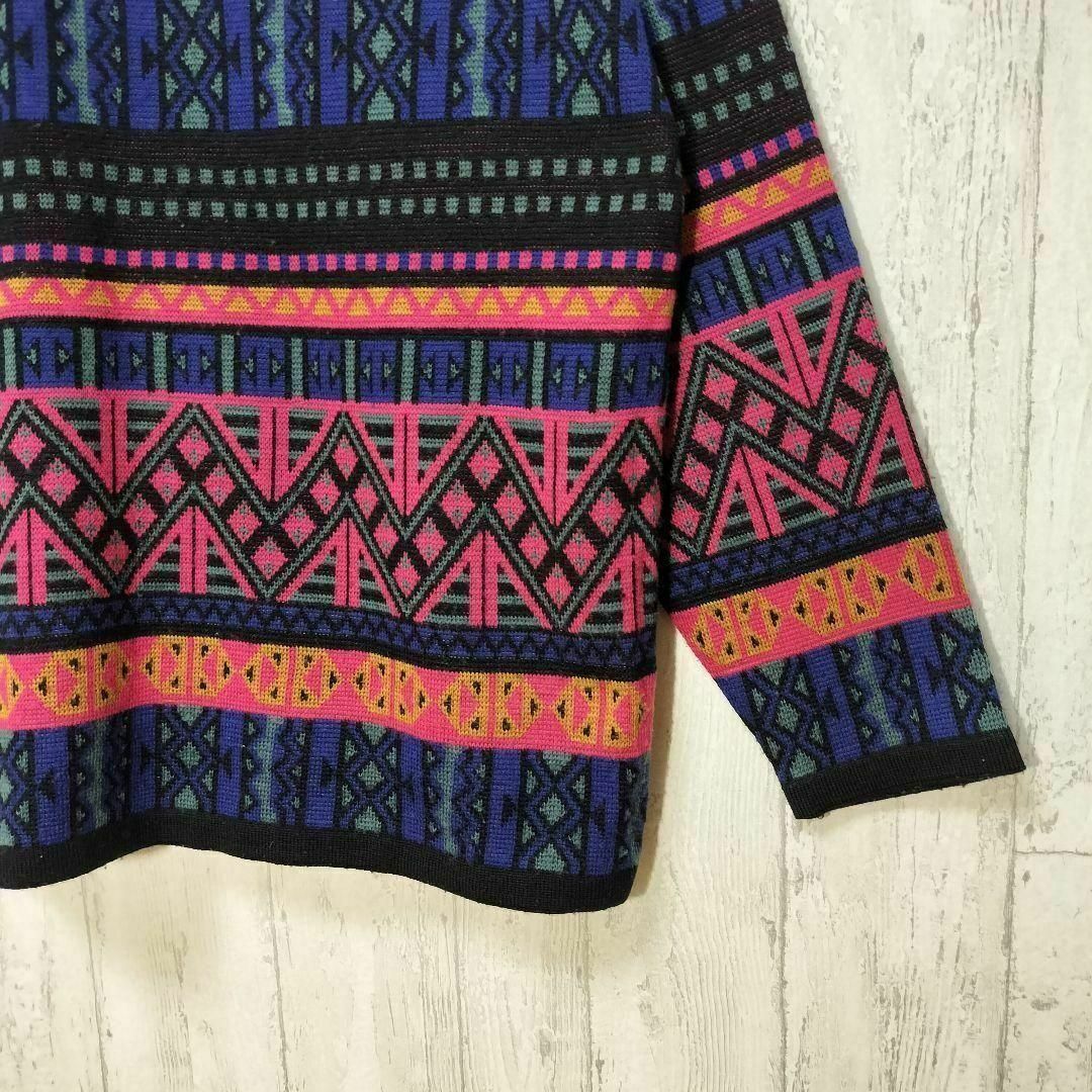 韓国製　ビンテージ古着　セーター　幾何学模様　アート柄　ウール30　ピンク　青 メンズのトップス(ニット/セーター)の商品写真