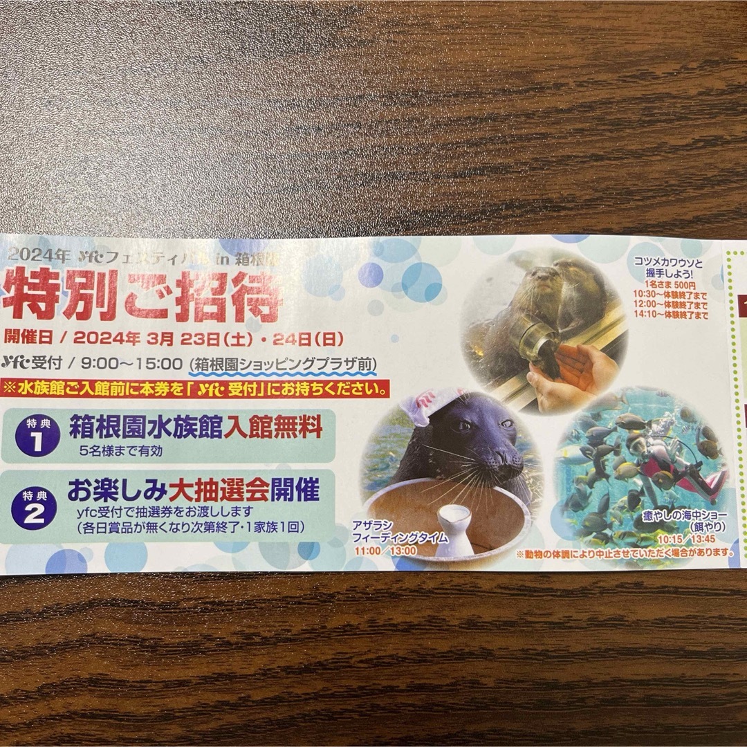 箱根園水族館特別ご招待券5名様入園無料  2024年３月23日(土)24日(日) チケットの施設利用券(水族館)の商品写真