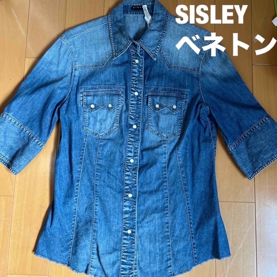 Sisley(シスレー)のSISLEY ベネトン【大きめM】デニムシャツ　ポケット2つ　ロールアップ　半袖 レディースのトップス(シャツ/ブラウス(半袖/袖なし))の商品写真