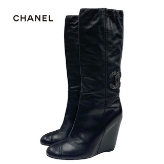 シャネル(CHANEL)のシャネル CHANEL ブーツ ロングブーツ ミドルブーツ 靴 シューズ ココマーク ウェッジソール レザー ブラック 黒(ブーツ)