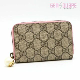 グッチ(Gucci)のGUCCI グッチ ラウンドファスナー カードケース GGスプリーム フェイクパール ベージュ ピンク 中古 431482(名刺入れ/定期入れ)