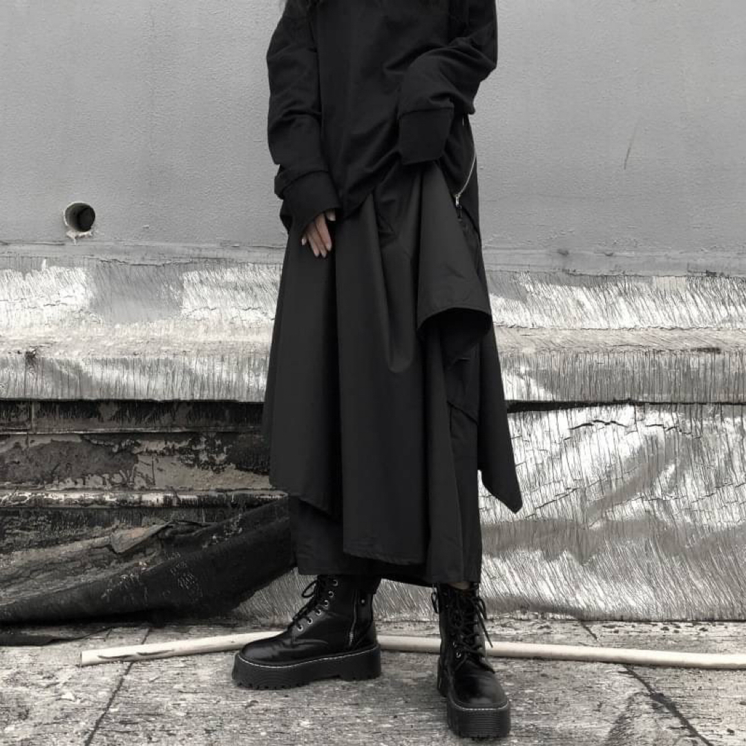 袴パンツ　アシメ　サルエル　ガウチョ　ワイド　レイヤード　パンツ　黒 L レディースのパンツ(サルエルパンツ)の商品写真