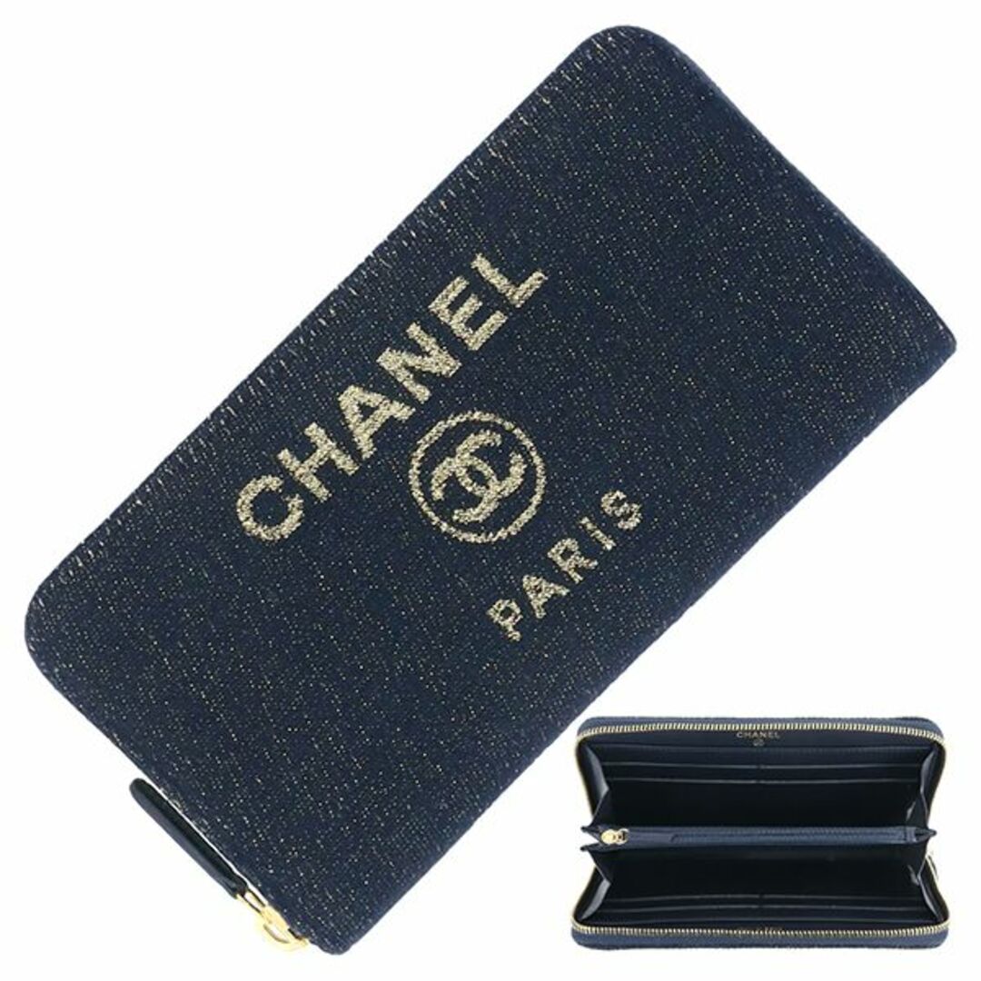 CHANEL(シャネル)のシャネル ドーヴィル ウォレット ラウンドファスナー長財布 サイフ キャンバス レザー ネイビー ゴールド レディース 未使用 4121 レディースのファッション小物(財布)の商品写真