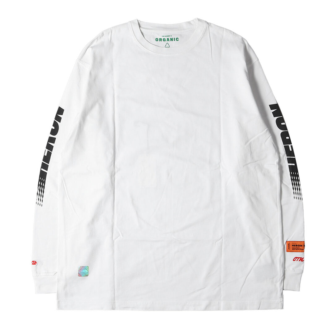 美品 HERON PRESTON ヘロン プレストン Tシャツ サイズ:L 19SS 袖ロゴ オーバーサイズ ロングスリーブ Tシャツ ホワイト 白  トップス カットソー 長袖【メンズ】【中古】 | フリマアプリ ラクマ