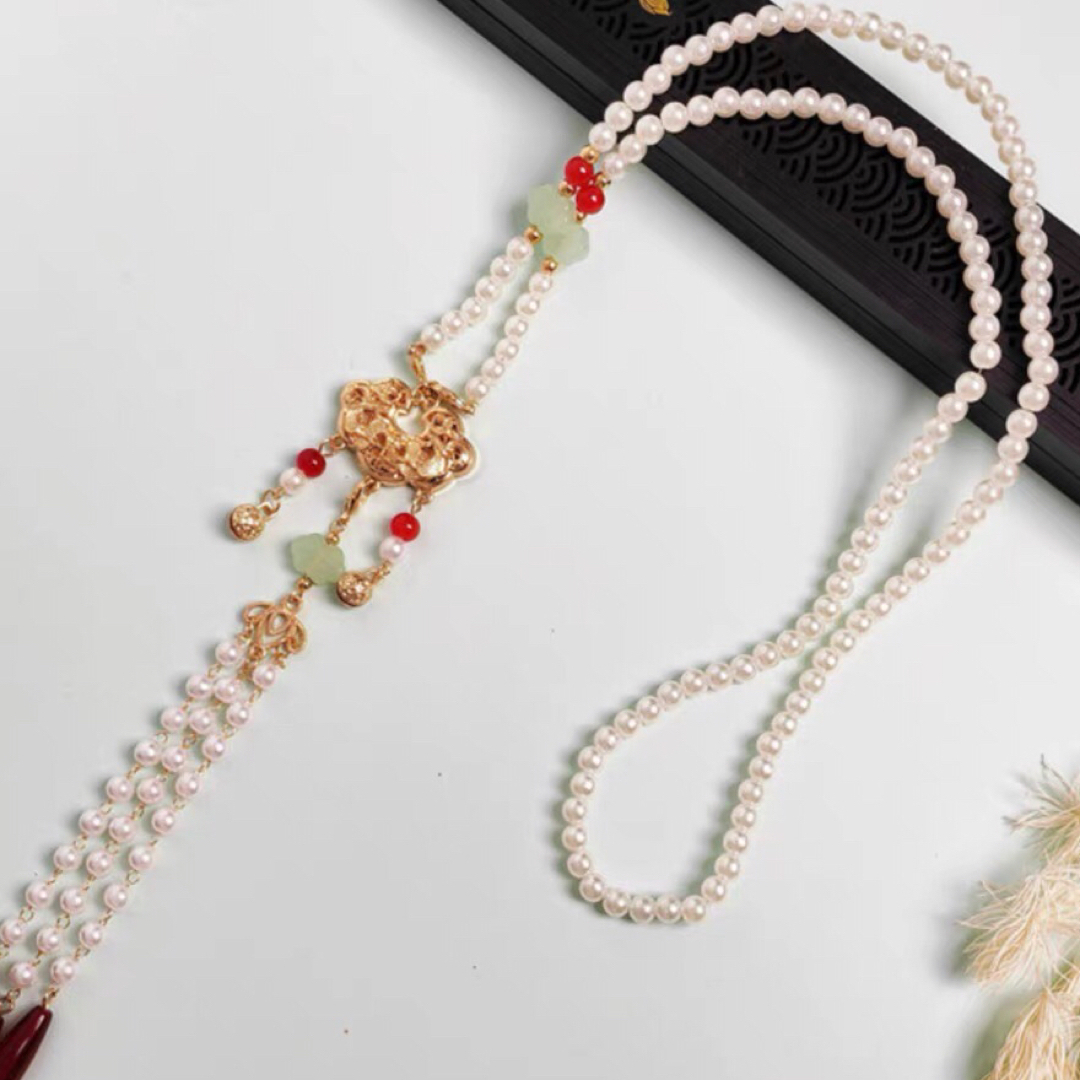 ふりふ(フリフ)の真珠鳳凰平安鎖背雲瓔珞 白赤金色ネックレス　中華風　縁起物　結婚式　着物漢服 レディースのアクセサリー(ネックレス)の商品写真