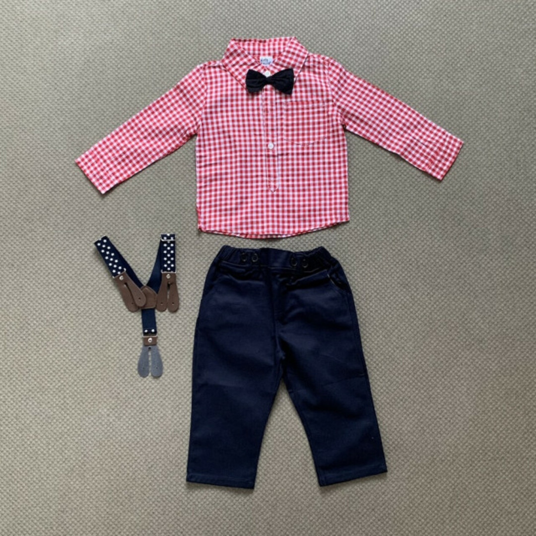 子供服 90 赤 チェックシャツ パンツ 星 サスペンダーセット スター 新品 キッズ/ベビー/マタニティのベビー服(~85cm)(シャツ/カットソー)の商品写真