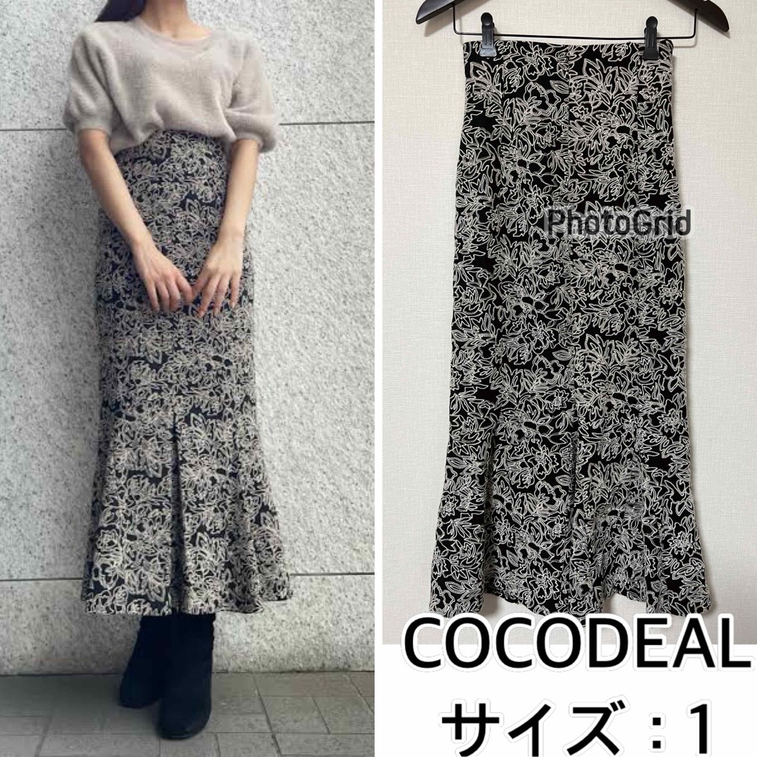 COCODEAL❤️ラインフラワー配色刺繍ハイウエストマーメイドスカート